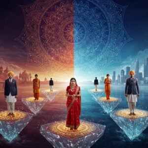 A dynamic scene showing a seamless blend of traditional and modern India, featuring two distinct groups of Indian people. In the foreground, a group of contemporary Indians in modern business attire and traditional Indian wear stand on floating crystal platforms, each platform adorned with Sanskrit scriptures etched in glowing gold. Behind them, a massive, intricate mandala in deep indigo and gold rotates slowly, its patterns incorporating both ancient Sanskrit symbols and modern geometric designs. The scene is split diagonally - one side showing traditional village life with temple spires and traditional customs, the other side depicting modern urban India with glass skyscrapers and tech hubs. Ethereal light streams through the composition, creating a mystical atmosphere. Floating lotus flowers transition between the two worlds, their petals transforming from traditional deep red to metallic chrome. The art style combines Madhubani patterns in the traditional elements with sleek, digital aesthetics in the modern portions. A soft, glowing mist connects both worlds, symbolizing cultural evolution. The color palette features deep maroons, royal blues, and burnished gold, with accents of electric blue and chrome.