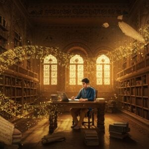 A majestic ancient Indian library setting with intricate Madhubani-style borders, featuring a young Indian scholar in contemporary clothes (navy blue kurta) seated at a carved wooden desk. Around him, ethereal, semi-transparent Sanskrit verses in golden Devanagari script float and swirl like mystical energy streams. The background shows a gradient transition from ancient palm leaves and manuscripts to modern books, symbolizing evolution. Illuminated by warm, golden light filtering through ornate temple-style windows. Traditional Indian motifs like peacocks, lotus flowers, and geometric patterns are subtly woven into the architecture. The scene is rendered in rich jewel tones - deep maroons, royal blues, and burnished golds. Multiple levels of wooden shelves stretch into a perspective point, filled with both ancient scrolls and modern books. Small particles of golden light float in the air, creating a magical atmosphere. The art style combines hyperrealistic digital rendering with traditional Indian art patterns, maintaining a modern, sophisticated aesthetic. The overall composition suggests a seamless blend of ancient wisdom with contemporary learning.