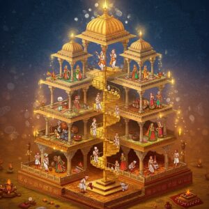 A symbolic multi-layered Indian temple structure with transparent glass-like levels, each level showing different social classes in traditional Indian attire. The bottom level shows laborers in simple clothing, the middle shows merchants in moderate finery, and the top shows priests in elaborate traditional wear. A golden spiral staircase connects all levels, with some figures climbing upward. The scene is rendered in rich Madhubani-style patterns with intricate border details in deep maroon and saffron. Ethereal golden light streams from above, creating dramatic shadows. Sacred threads, ritual objects, and Sanskrit texts float as translucent elements throughout. The background features a large, intricate mandala in peacock blue and gold, with subtle social hierarchy symbols embedded within its patterns. The entire scene has a surreal, dimensional quality with a gradient from earth tones at the bottom to celestial blues and golds at the top. The art style combines traditional Indian miniature painting techniques with modern digital art aesthetics. Soft glowing orbs of light illuminate each level differently, creating a visual hierarchy.