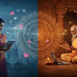 A split-screen composition showing two distinct yet interconnected scenes: On the left, a modern Indian woman in a contemporary business suit holding a tablet, her reflection in a glass window shows her in a traditional silk saree with temple jewelry and kumkum. The right side shows an elderly Sanskrit scholar in traditional dhoti and angavastram studying ancient palm leaves, his reflection showing him using a modern laptop. The center features a large, ornate golden mandala that bridges both worlds, with intricate Madhubani patterns flowing through it. The background on the left has modern Mumbai skyscrapers with glass facades, while the right shows ancient temple architecture with detailed carved pillars. Floating elements include lotus flowers, corporate symbols, and vedic mathematical formulas creating a seamless blend. The lighting creates a dramatic contrast - cool blue corporate tones on the left merging with warm, earthen temple lamp lighting on the right. The entire scene is rendered in a style mixing digital art with traditional Pattachitra techniques, featuring rich colors like deep maroon, royal blue, and burnished gold. Ethereal light particles and subtle sacred geometry patterns connect both sides, symbolizing cultural fusion.