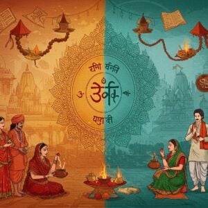 A dynamic scene showing two contrasting yet harmoniously blending Indian social groups - one group of traditionally dressed rural villagers transforming into urban sophisticates, depicted through a gradient-like transition from left to right. On the left, people in simple traditional attire engaging in folk customs, while on the right, the same individuals wearing modern professional attire but performing Sanskrit rituals and customs. Central focus shows a large, ornate golden mirror reflecting this transformation, decorated with intricate Madhubani patterns and Sanskrit symbols. The background features a grand temple architecture merging into modern city skyline. Floating motifs of sacred threads, Sanskrit manuscripts, and traditional symbols like the sacred fire and rudraksha beads appear as ethereal elements. The color palette transitions from earthy browns and deep reds to sophisticated teals and golds. The lighting creates a divine atmosphere with soft golden rays filtering through the scene. Art style combines traditional Indian Pattachitra patterns with modern digital art techniques, maintaining photorealistic details in faces and expressions. The overall composition suggests elevation and aspiration while respecting traditional elements.