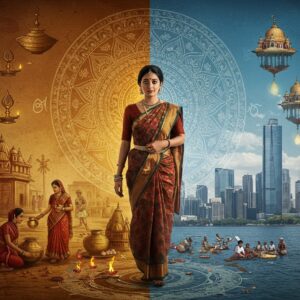 A dynamic split scene composition: on the left, a traditional village setting with people in simple clothing performing daily tasks, transitioning seamlessly into a modern urban landscape on the right. In the center, a young Indian professional woman stands as a bridge between both worlds, wearing a fusion of traditional and modern attire - a elegantly draped silk saree with contemporary styling. Above her, a large, intricate mandala pattern morphs from ancient Sanskrit symbols into modern geometric designs. The scene is illuminated by warm golden light from above, casting symbolic shadows that blend Vedic patterns with contemporary shapes. The background features subtle Madhubani art elements with traditional motifs flowing into modern design elements. Small details show transformation: traditional brass vessels evolving into modern kitchenware, ancient gurukul teaching scenes transitioning into modern classrooms. The color palette shifts from earthy browns and deep reds on the traditional side to sleek blues and metallics on the modern side. The artwork style combines detailed Pattachitra patterns with clean, contemporary digital art techniques. Floating imagery of temple architecture smoothly blending into modern high-rises, with delicate golden threads connecting both worlds.