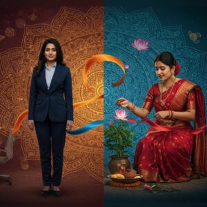 A split-screen composition showing two contrasting scenes of Indian women, divided by an ornate golden traditional mandala pattern. On one side, a modern Indian woman in professional attire (navy blue business suit) confidently stands in a contemporary office setting, surrounded by digital devices and modern artifacts, with a subtle golden aura around her. On the other side, a traditionally dressed woman in a red silk saree performs traditional household rituals near a tulsi plant. Both women are connected by flowing, ethereal ribbons in saffron and peacock blue that interweave through the mandala divide. The background features intricate Madhubani-style patterns with symbols of transformation - butterflies, blooming lotuses, and spiral motifs. The lighting creates a dramatic contrast - warm, traditional oil-lamp glow on one side and cool, modern lighting on the other. The scene incorporates traditional Indian architectural elements merging into modern design, with detailed mehndi-inspired patterns floating in the air. The color palette combines deep maroons and golds with contemporary blues and silvers. Highly detailed in digital art style with photorealistic elements.