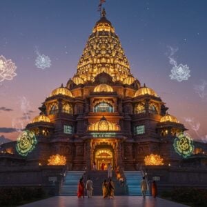 A grand, contemporary Hindu temple rising majestically against a twilight sky, seamlessly blending traditional Nagara architecture with modern geometric elements. The temple's main shikhara soars with sleek glass and polished stone, illuminated from within by golden light. Traditional carved deities and sacred symbols in gold are projected as sophisticated holograms floating around the temple structure. The base features intricate Madhubani-style patterns rendered in glowing neon blues and saffrons. Multiple levels showcase a gradient transition from ancient to modern - lower levels with traditional stone carvings evolving into upper levels with minimalist design and smart-glass domes. Floating lotus flowers made of light particles surround the structure, while modern devotees in contemporary Indian attire walk through a grand entrance lined with LED-illuminated Sanskrit verses. The scene is captured in a surreal, ethereal style with soft rim lighting, creating a mystical atmosphere enhanced by swirling patterns of incense smoke. The color palette combines deep traditional maroons and golds with modern electric blues and purples, all unified by a warm spiritual glow. The architectural details include both ancient mandala patterns and contemporary sustainable design elements like solar panels shaped like traditional temple motifs.