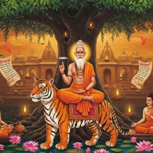 A serene elderly sage with long white beard, adorned in saffron dhoti, seated in padmasana on a majestic tiger under a sacred banyan tree. His face radiates divine wisdom with a subtle golden aura. The background features ancient Maharashtrian temple architecture with intricate Madhubani-style patterns. The scene is illuminated by floating diyas casting warm golden light. Two yogis in meditation pose flank him, symbolizing discipleship. Sacred Sanskrit texts and scrolls float ethereally around him. The color palette combines deep saffron, celestial blues, and burnished gold. The foreground shows blooming lotus flowers in pastel pink emerging from a mystical pond. Soft rays of morning sun filter through the banyan leaves, creating patterns on the ground. The art style merges traditional Pattachitra techniques with modern digital art, emphasizing photorealistic textures while maintaining spiritual aesthetics. The composition includes subtle mandala patterns in the sky suggesting divine energy. The tiger appears both powerful and serene, suggesting mastery over nature.