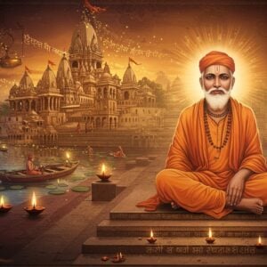 A serene portrait of Sant Eknath in traditional dhoti and angavastram, seated in padmasana on the steps of Paithan's Godavari ghat at dawn. His face radiates divine peace with a subtle golden aura around him. The background features a magnificent temple architecture merging with modern geometric patterns and floating mandalas. The Godavari river flows with ethereal blue waters containing glowing lotus flowers. Sacred texts in Marathi script transform into golden light particles ascending towards the sky. Multiple translucent layers show scenes from his life: teaching common people, writing abhangas, and performing kirtan. The color palette includes deep saffron, celestial blues, and burnished gold. The art style combines traditional Maharashtrian miniature painting techniques with contemporary digital art aesthetics. Soft morning mist adds depth while floating diyas create points of divine light. The overall composition suggests both historical authenticity and timeless spiritual wisdom, with intricate Madhubani-inspired patterns adorning the borders.