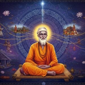 A serene portrait of Sant Kabir sitting cross-legged on a simple wooden weaver's platform, wearing a saffron dhoti and white angavastram, with silver-streaked beard and wise gentle eyes, surrounded by floating golden threads that weave intricate cosmic patterns in the air. Behind him, a large ethereal mandala glows in deep indigo and gold, representing the unity of Hindu-Muslim philosophy. Mystical Sanskrit and Persian calligraphy dissolves into swirling energy forms. Multiple translucent layers show scenes from his life - a weaver's cottage, Sufi dervishes, Hindu sadhus, and common people gathering to listen. Soft rays of divine light filter through from above, creating a dreamlike atmosphere. The color palette combines deep jewel tones of peacock blue, royal purple, and burnished gold with softer pastel highlights. The art style merges traditional Madhubani patterns in the borders with contemporary digital painting techniques. Floating lotus flowers and subtle geometric patterns frame the composition. The overall mood is contemplative and transcendental, with a soft ethereal glow throughout the scene.