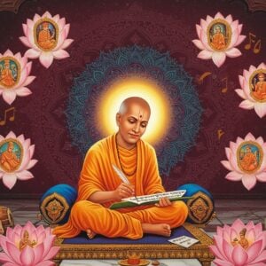 A serene scene depicting Sant Namdev seated in padmasana on an ornate marble platform, wearing a traditional saffron dhoti and angavastram, illuminated by divine golden light. He's writing Sanskrit verses on palm leaves with a quill pen, while ethereal musical notes in gold float around him. Behind him, a large, intricately detailed mandala in deep maroon and peacock blue radiates spiritual energy. The background features a stylized temple architecture with Madhubani-style patterns. Multiple floating lotus flowers in pastel pink and white surround him, each containing miniature scenes from his life stories. Soft glowing orbs of light dance around the composition. The saint's face reflects deep wisdom and devotion, with gentle eyes and a peaceful smile. Traditional Indian musical instruments like tambura and mridangam, rendered in gold, float ethereally in the corners. The overall color palette combines rich traditional colors with modern gradients, creating a mystical atmosphere. The art style merges classical Indian miniature painting techniques with contemporary digital art aesthetics, emphasizing the timeless nature of his teachings.