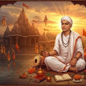 A serene portrait of Sant Tukaram in traditional white dhoti and angavastram, seated in padmasana on a decorated stone platform near the Indrayani River. His face radiates divine peace with closed eyes and subtle smile. His right hand holds his signature cymbals while his left hand rests on his knee holding his abhangas. Behind him stands the sacred Vitthala temple of Dehu with intricate Maratha architecture. The scene is illuminated by a dramatic sunset creating a golden aura around him. Scattered around him are devotional symbols - his tambourine, scriptures, and tulsi leaves. The background features ethereal floating varkari pilgrims in soft focus, dressed in white, carrying saffron flags. Soft rays of divine light stream down from clouds. The art style combines traditional Maharashtrian temple art with modern digital painting techniques, using rich colors like deep maroon, saffron, and gold. Hyper-detailed ornamentation on the temple architecture, with mandala patterns and peacock motifs. The overall mood is mystical and devotional with a dreamy, spiritual atmosphere.