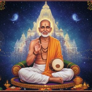 A serene portrait of Sant Tukaram Maharaj in traditional white dhoti and angavastram, sitting cross-legged on a mystical floating lotus platform, against a cosmic backdrop featuring a large ethereal Vitthal temple silhouette. His face radiates divine peace with gentle eyes and a subtle smile, one hand holding his signature tambourine (chipli) and the other in chin mudra. Modern elements include swirling digital particles forming sacred Warkari symbols and abhang verses in golden light. The scene is illuminated by soft celestial blue and gold gradient lighting, with floating translucent mandalas in the background. Traditional Madhubani-style decorative patterns frame the edges, featuring motifs of tulsi plants and ceremonial cymbals. Small vignettes in corners show modern Indian devotees in contemporary clothes being guided by golden light paths. Art style combines hyperrealistic digital painting with traditional Indian art elements, emphasizing both the timeless and contemporary relevance of the saint's teachings. The color palette focuses on spiritual whites, deep maroons, golden yellows, and peaceful blues.