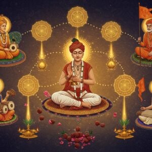 A mystical scene depicting Sant Tukaram in traditional white dhoti and angavastram seated on a floating lotus platform, surrounded by a golden aura, playing cymbals with his eyes closed in divine ecstasy. Around him, in a circular formation, are other prominent Bhakti saints - Mirabai in royal Rajasthani attire with her signature tambura, Sant Dnyaneshwar with the Bhagavad Gita, Sant Namdev with his signature flag, and Sant Kabir at his weaver's loom. Each saint emanates their own distinct colored aura (saffron, deep blue, maroon, and emerald). The background features intricate Madhubani-style patterns with peacock motifs and flowing vines. Multiple translucent mandalas float in the ethereal space, connected by streams of golden light. The scene is illuminated by soft, otherworldly light creating a dreamy atmosphere. Floating devotional symbols like tulsi leaves, rudraksha beads, and scattered flower petals add depth. The art style combines traditional Indian miniature painting techniques with modern digital art aesthetics, featuring rich jewel tones and metallic accents. The composition suggests unity in diversity of Bhakti traditions.