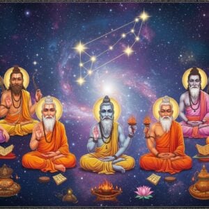 A mystical celestial scene showing seven ancient Indian sages (Saptarishis) seated in meditation postures in a semi-circle formation against a cosmic backdrop. Each sage has distinct features with flowing white beards, traditional saffron robes, and radiating individual auras in different colors (gold, deep blue, emerald, violet, orange, silver, and white). Above them, the Big Dipper constellation (associated with Saptarishis) glows brilliantly with golden starlight connecting each star. They're surrounded by floating Vedic manuscripts, sacred fire, and intricate mandala patterns. The background features a deep indigo cosmic space with swirling galaxies and nebulae in soft pastel hues. Each sage holds specific items - Vashishta with his kamandalu, Vishwamitra with his bow, Jamadagni with sacred fire, Gautama with sacred texts, Bharadvaja with sacred herbs, Kashyapa with cosmic symbols, and Atri with a crescent moon above him. The scene is illuminated by ethereal light sources, creating a harmonious blend of traditional Indian art style with modern digital cosmic art. Intricate Madhubani-style patterns border the scene, featuring sacred geometric designs and lotus motifs in gold and silver.