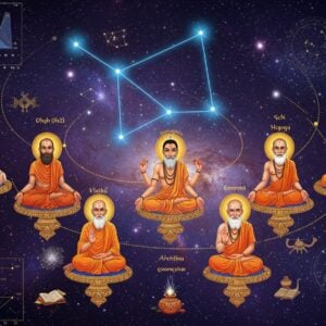 A celestial scene featuring seven ancient Indian sages (Saptarshis) in flowing white and saffron robes, seated in meditation posture on ethereal lotus platforms floating among the stars. Each sage radiates a distinct golden aura. The backdrop shows the Big Dipper constellation (Ursa Major) with its seven stars prominently glowing in electric blue. The sages are surrounded by intricate Madhubani-style cosmic patterns and swirling galaxies in deep purples and blues. Sacred geometric patterns and mandalas float in the space around them. Modern elements include holographic projections of astronomical charts and celestial coordinates in gold. The lighting creates a dramatic interplay of starlight and spiritual energy, with streams of stardust connecting the sages to their corresponding stars. The scene is rendered in a blend of traditional Indian art and contemporary digital aesthetics, with rich details in celestial bodies and cosmic phenomena. The foreground features subtle representations of their divine tools - manuscripts, water pots, and prayer beads, all with a slight luminescent glow.
