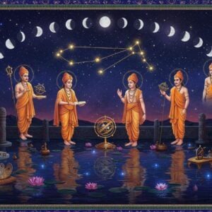 A mystical nighttime scene showing seven ancient Indian rishis in flowing white and saffron robes, their forms ethereally glowing and semi-transparent, arranged in the exact pattern of Ursa Major constellation against a deep indigo sky. Each rishi holds a different Vedic astronomical tool - brass astrolabe, celestial globe, sundial. The constellation lines connecting them are depicted as golden threads of light. Below them, a reflective sacred lake mirrors their formation, surrounded by ancient astronomical instruments and carved stone pillars. The scene is framed by intricate Madhubani-style border patterns featuring zodiac symbols and celestial bodies in gold and deep blue. Floating lotus flowers emit soft blue light, while small points of starlight create additional constellations in the background. The overall composition combines photorealistic space imagery with traditional Indian art elements, rendered in rich colors of deep blue, burnished gold, and cosmic purples. Multiple crescent moons in different phases float in the background, with sacred geometry patterns overlaid across the sky in subtle golden lines.