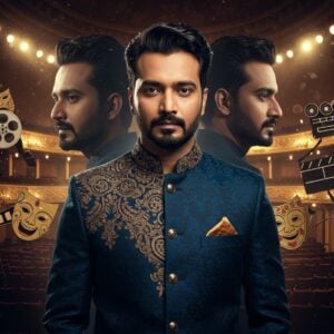 A dramatic portrait of an Indian man in his 30s with sharp features, intense eyes, and well-groomed appearance, standing confidently center-frame. He's wearing a fusion of traditional and modern attire - a structured deep blue bandhgala jacket with intricate golden threadwork. Behind him, the scene splits into multiple ethereal reflections, each showing different facets of his personality - one reflection shows him in theatrical performance attire, another in casual modern clothing, and a third in traditional Bengali formal wear. The background features a grand theater stage with soft spotlights creating dramatic shadows. Floating around him are artistic elements inspired by Indian Pattachitra art style - stylized film reels, theater masks, and camera motifs in gold and deep maroon. The lighting is cinematic with a mix of warm golden spots and cool blue ambient light. The composition includes subtle Madhubani-style patterns in the background creating a contemporary yet culturally rooted aesthetic. The overall scene is rendered in hyperrealistic digital art style with a touch of surrealism.