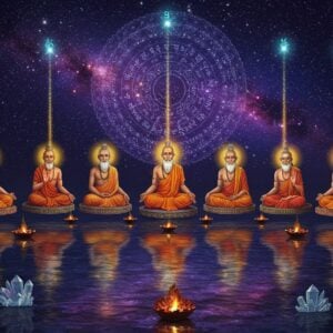 A mystical nighttime scene showing seven ancient Indian sages (Saptarshis) - Kashyapa, Atri, Bharadwaja, Vishwamitra, Gautama, Jamadagni, and Vasishtha - seated in meditation under the cosmic Big Dipper constellation. Each sage wears traditional saffron-colored robes with intricate Madhubani-style patterns, has long flowing white beards, and radiates an ethereal golden aura. The Big Dipper stars above connect to each sage through streams of celestial light. They sit on lotus platforms floating above a reflective cosmic ocean that mirrors the starry sky. In the background, a massive cosmic mandala in deep purples and blues rotates slowly, embedded with ancient Sanskrit symbols. The scene is illuminated by soft bioluminescent light from sacred herbs and floating diyas around them. Mystical elements like floating sacred texts, crystal formations, and swirling energy patterns in gold and turquoise add depth. The art style combines hyperrealistic digital rendering with traditional Indian Pattachitra patterns, creating a seamless blend of ancient wisdom and cosmic spirituality. Atmosphere is deeply serene with hints of supernatural energy.