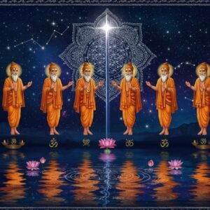 A mystical night scene depicting seven ancient Indian sages (Saptarshis) in flowing saffron and white robes, levitating in a celestial formation matching the Big Dipper constellation. Each sage radiates a divine golden aura, their long white beards and traditional Indian features detailed in the Madhubani art style. Above them, the Pole Star (Dhruva) shines brilliantly as a large, ornate mandala-like star with intricate sacred geometry patterns in white and gold. The background features a deep indigo night sky filled with smaller stars and cosmic swirls in peacock blue and purple hues. Below, a reflective lake surface mirrors the constellation, creating perfect symmetry. Sacred symbols like the Sri Yantra and lotus flowers float ethereally in the space between. The entire scene is framed by intricate Pattachitra-style border patterns featuring celestial motifs in gold and silver. The composition seamlessly blends traditional Indian astronomical elements with modern digital art techniques, creating a surreal and spiritual atmosphere with subtle glowing effects and dynamic light rays emanating from the sages and the Pole Star.