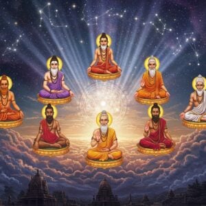 A mystical scene depicting seven ancient Indian sages (Saptarshis) - Vashistha, Vishwamitra, Atri, Jamadagni, Bharadwaja, Gautama, and Kashyapa - seated in meditation on golden lotus pedestals floating in cosmic space. Each sage has distinctive features: matted locks, sacred threads, and ochre robes with intricate Madhubani-style patterns. They form a perfect heptagon formation around a central glowing Sri Yantra. Each sage radiates a unique colored aura (saffron, deep blue, golden, emerald, purple, crimson, and white). Above them, the constellations of Ursa Major (The Great Bear) shine brilliantly, forming their celestial counterpart. The background features ethereal swirling galaxies in deep indigo and gold, with floating sacred texts and Vedic symbols rendered in glowing light. Ancient temple spires emerge from cosmic clouds below. The scene is illuminated by divine light streaming from above, creating dramatic god rays. The art style combines hyperrealistic digital rendering with traditional Indian art motifs, featuring rich jewel tones and intricate sacred geometry patterns.