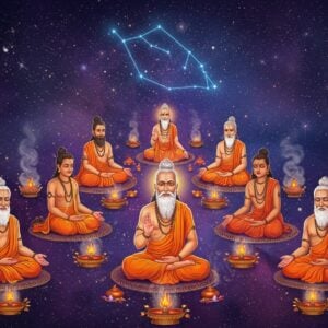 A mystical celestial scene depicting seven ancient Indian sages (Saptarshis) - Kashyapa, Atri, Bharadwaja, Vishwamitra, Gautama, Jamadagni, and Vasishtha - seated in lotus positions forming a perfect circle against a cosmic backdrop. Each sage wears traditional saffron-colored robes with intricate Vedic patterns, has a flowing white beard, and radiates a distinct golden aura. Above them, the Big Dipper constellation (representing their celestial abode) shines brilliantly in deep indigo space. Sacred fire altars float between them with ethereal flames in shades of blue and gold. The scene is illuminated by soft, otherworldly light creating a dreamy atmosphere. Detailed Madhubani-style patterns spiral outward from the center, incorporating sacred geometric designs, vedic symbols, and small vignettes of their legendary stories. The color palette features deep cosmic blues, celestial purples, burning golds, and warm saffron tones. Ethereal wisps of cosmic energy and small glowing orbs of light dance around the composition. The art style combines traditional Indian art with modern digital fantasy aesthetics, creating a serene yet powerful spiritual atmosphere.