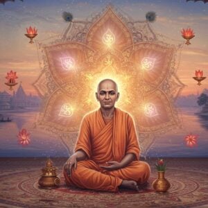 A serene portrait of Bhaktivinoda Thakur in traditional Bengali dhoti and chadar, seated in lotus position on a decorated marble temple floor, his face radiating divine peace with a subtle golden aura. Behind him, a large, intricately detailed mandala in soft gold and saffron hues contains six lotus petals representing the six aspects of Saranagati. Each petal glows with ethereal light in different pastel shades - lavender, rose gold, and celestial blue. Floating spiritual symbols in Madhubani art style spiral around him - tulsi leaves, sacred beads, and devotional items. The background shows a mystical Vrindavan landscape at dawn with the Yamuna river flowing serenely, rendered in traditional Pattachitra style but with modern digital gradients. Rays of divine light filter through morning mist, creating a dreamy atmosphere. The overall composition combines photorealism with traditional Indian art elements, using a color palette of deep maroon, peacock blue, and burnished gold with soft pastel highlights. Multiple translucent layers of geometric patterns inspired by temple architecture frame the scene.