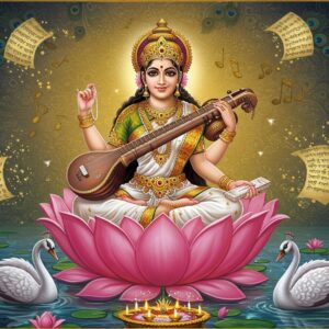 Beautiful goddess Saraswati seated on a blooming pink lotus in padmasana pose, wearing pristine white saree with golden border, four arms holding veena in upper left hand, sacred texts in lower left hand, crystal water pot in lower right hand, and japa mala in upper right hand. Her serene face adorned with a gentle smile, third eye visible, long black hair flowing with gold ornaments. Her vahana, pure white swan, gracefully swimming in a crystal-clear sacred pond below. Ethereal morning light casting golden glow, backdrop featuring intricate Madhubani-style patterns of peacocks and lotuses in soft pastels. Floating musical notes and Sanskrit verses shimmer like golden dust in air. Saraswati Devi surrounded by mystical white light, radiating divine knowledge. Artistic style merging traditional Indian art with modern digital aesthetics, rich in details with peacock blue, gold, and pure white color palette. Peacock feather motifs and vedic symbols subtly woven into background. Scene conveying serenity, wisdom, and divine grace.