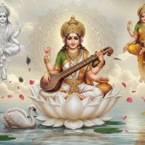 A serene, hyperrealistic digital painting of Goddess Saraswati seated on a blooming white lotus, radiating divine golden light. She has four arms - her upper right hand holding the mala (prayer beads), lower right hand holding the vedas, upper left hand holding the veena, and lower left hand holding a pot of sacred water. She wears a pristine white silk saree with intricate golden border, adorned with elegant gold jewelry. Her vehicle, the white swan, gracefully floats in crystal-clear water below. Behind her, a large ornate mandala in soft pastel colors (pearl white, rose gold, and light blue) forms a glowing halo. Three different artistic variations of Saraswati murtis hover ethereally in the background - one in pure white marble, one in antique bronze, and one in traditional painted wood, each showcasing different mudras and expressions. The scene is enhanced with floating lotus petals, peacock feathers, and subtle Madhubani-style patterns in the background. The lighting is dreamy and ethereal, with soft golden rays filtering through clouds, creating a peaceful, meditative atmosphere. Transparent flowing water and gentle ripples reflect the divine scene, adding depth and tranquility.