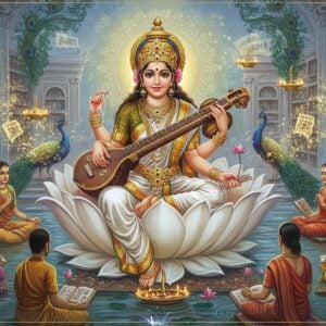 Goddess Saraswati seated gracefully on a pristine white lotus in her traditional form with four arms - her upper right hand holding the veena, upper left hand holding sacred texts, lower right hand holding crystal mala beads, and lower left hand holding a water lily. She wears a pure white silk saree with golden borders. Her celestial swan vehicle (vahana) rests peacefully beside the lotus. Her face radiates divine knowledge with a serene smile, adorned with elegant golden jewelry and a crown. Modern Indian students in contemporary attire (mix of traditional and modern clothing) are shown meditating around her lotus throne, surrounded by floating geometric mandalas with soft golden glow. Golden light particles and ethereal music notes emerge from her veena, creating a magical aura. The background features a mystical library with floating ancient Sanskrit texts and modern books, merged with surreal Madhubani-style peacocks and flowing river of knowledge. Soft pastel colors dominate - celestial blues, gentle whites, and warm golds. The scene is illuminated by divine light from above, creating a dreamlike atmosphere that blends ancient wisdom with contemporary education.