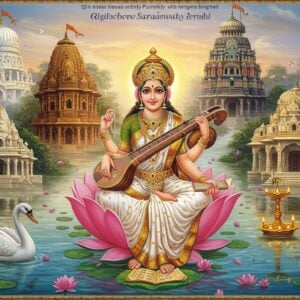 A majestic digital illustration of Goddess Saraswati seated on a blooming lotus in the center, wearing pristine white saree with gold border. She has four arms - holding veena in upper left hand, books in lower left, japa mala in upper right, and water pot in lower right. Her vahana white swan gracefully swims in crystal clear waters below. Behind her, a collage of five famous Saraswati temples emerges in a dream-like manner - the Pushkar temple with its white marble domes, Kashmir's wooden temple architecture, Tamil Nadu's colorful gopuram, Bengal's terracotta temple, and Basar temple's ancient stone work. The temples are connected by flowing river of knowledge depicted as golden streams of light. The scene is illuminated by soft ethereal glow, with floating lotus petals and vedic manuscripts. Intricate Madhubani-style border patterns frame the scene. Color palette features ivory white, peacock blue, gold accents, and soft pink lotus hues. The art style merges hyperrealistic digital rendering with traditional Indian artistic elements. Peaceful morning atmosphere with hints of sunrise creating a spiritual aura.