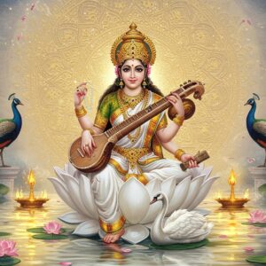 A serene, ethereal portrait of Goddess Saraswati seated gracefully on a blooming white lotus in the center of a crystalline pond. She has four arms - her upper right hand holding the vedas, upper left hand holding a string of crystal beads, lower right hand strumming a golden veena, and lower left hand holding a water lily. Her skin is fair and luminescent, wearing a pure white silk saree with intricate golden border designs inspired by Madhubani art. A magnificent white swan rests peacefully at her feet. Her face radiates divine wisdom with a gentle smile, adorned with elegant gold jewelry and a crown embedded with moonstone. A large, intricate mandala glows behind her in soft hues of gold and blue, creating a heavenly aura. Peacocks with detailed feathers frame both sides of the scene. The water reflects the golden light, creating rippling patterns. The background features floating lotus petals and subtle Vedic symbols in a misty, dreamlike atmosphere. The overall color palette focuses on whites, golds, and peaceful blues, with hints of peacock green. Hyperrealistic digital art style with strong Indian classical influences.