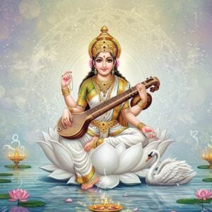 A serene, luminous depiction of Goddess Saraswati seated gracefully on a white lotus in padmasana pose, her celestial form glowing with ethereal white and golden aura. She has four arms - her upper right hand holding the vedas, upper left hand holding a string of crystal mala beads, lower right hand strumming the veena, and lower left hand holding a white lotus. She wears a pristine white silk saree with golden border, adorned with delicate gold jewelry. Her vehicle, the white swan, sits peacefully beside the lotus. Behind her, a large, intricate mandala in soft gold and pastels radiates divine energy. Crystal-clear water reflects the scene, with floating lotus flowers and peacock feathers. Mystical streams of knowledge represented by glowing Sanskrit letters dissolve into gentle light particles. The background features a blend of soft blues, lavenders, and pale golds creating a dreamlike atmosphere. Incorporating elements of digital art with traditional Madhubani patterns in the mandala and border details. The overall composition emanates peace, wisdom, and divine knowledge with a contemporary aesthetic appeal.