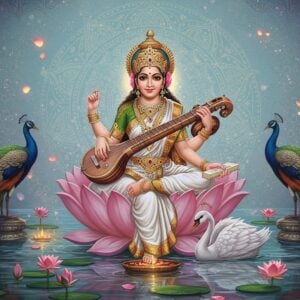 A serene, ethereal portrayal of Goddess Saraswati seated gracefully on a blooming lotus throne, her fair complexion radiating divine light. She has four arms - her upper right hand holding a crystal mala, upper left hand carrying ancient palm-leaf scriptures, lower right hand strumming a golden veena, and lower left hand holding a sacred water vessel. Her mount, a majestic white swan, rests peacefully beside the lotus throne. She wears a pristine white silk saree with intricate golden border, adorned with delicate pearl and gold jewelry. A luminous crescent moon adorns her crown. Behind her, a magnificent mandala pattern glows in soft pastel hues of blue and gold. Peacocks with brilliant plumage frame both sides of the composition. Crystal-clear water reflects the scene, with lotus flowers in various stages of bloom floating on its surface. The background features subtle Madhubani-style patterns in muted gold. Soft orbs of light and floating flower petals add a magical atmosphere. The art style combines hyperrealistic digital rendering with traditional Indian artistic elements, creating a contemporary spiritual aesthetic.