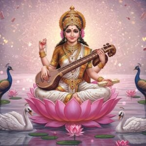 A serene, ethereal portrait of Goddess Saraswati seated cross-legged on a blooming lotus in a mystical river setting at dawn. She has four arms - her upper right hand holding crystal mala beads, upper left hand carrying ancient Sanskrit scriptures, lower right hand playing a golden veena, and lower left hand holding a crystal water vessel. Her skin is fair and luminous, wearing a pristine white silk saree with intricate gold border patterns. Her vahana, the majestic white swan, gracefully floats beside her. Peacocks with iridescent feathers frame both sides. She wears elegant gold jewelry including a crown adorned with crescent moon and pearls. Behind her, a large ornate mandala glows in soft pastel hues of pink and gold. Floating lotus flowers and manuscripts surround her, creating a circular pattern. Modern digital art style blended with traditional Madhubani patterns, featuring a dreamy atmosphere with soft light particles and subtle lens flares. The water reflects the entire scene like a mirror, creating perfect symmetry. Hyperrealistic details in her face showing divine serenity and wisdom.