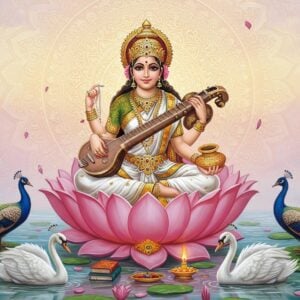 A serene portrait of Goddess Saraswati seated cross-legged on a blooming pink lotus in front of a massive ornate mandala. She has four arms - her lower right hand holding a crystal veena, lower left hand holding ancient palm leaf manuscripts, upper right hand holding a string of crystal mala beads, and upper left hand holding a pot of sacred water. She wears a pristine white silk saree with golden border, adorned with delicate gold jewelry. Her divine vehicle, a majestic white swan, rests peacefully beside the lotus. Two more swans float gracefully in a clear pond below, creating ripples that reflect golden light. Peacocks with iridescent feathers frame both sides. The background features a soft gradient of morning sky colors - pale pink to lavender, with floating lotus petals and subtle Devanagari scripts emanating golden light. Ethereal rays of knowledge stream down from above, illuminating sacred books and scrolls scattered around the lotus. The art style combines traditional Madhubani patterns in the mandala with modern digital aesthetics, using a palette of white, gold, pale pink, and peaceful blues. Her face radiates divine wisdom with a gentle smile, surrounded by a golden halo.