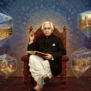 A dignified portrait of Sarvepalli Radhakrishnan in his signature white dhoti and black coat, seated in a philosopher's pose on an ornate wooden chair, surrounded by ethereal, glowing Indian architectural elements merging with modern geometric patterns. He holds ancient Sanskrit texts in one hand while his other hand gestures in teaching mudra. Behind him, a large, intricate mandala in shades of deep blue and gold radiates knowledge symbols - books, quills, and educational motifs. The background transitions from traditional Madhubani-style patterns to modern abstract forms, featuring subtle representations of Oxford University spires and Indian temple architecture. Floating crystal-like structures contain scenes from his life - teaching, presidency, and philosophical discussions. The lighting is warm and scholarly, with gentle rays filtering through the scene. The color palette combines deep maroons, oxford blues, and metallic golds. His expression is serene and wise, with incredibly detailed facial features showing both strength and compassion. The scene has a magical realism quality, with floating lotus flowers and enlightenment symbols creating a bridge between Eastern and Western philosophical traditions.