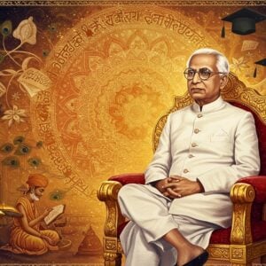 A dignified portrait of Dr. Sarvepalli Radhakrishnan in his signature white dhoti and formal coat, with round spectacles and distinctive white hair, seated in a philosopher's pose on an ornate golden chair. Behind him, a large ethereal mandala glows in shades of deep saffron and ivory, intertwined with symbols of education - ancient palm leaves, modern books, and graduation caps. The background transitions from traditional Indian classroom settings with guru-shishya imagery to modern digital learning spaces, connected by flowing streams of golden light. Floating peacock feathers (symbolizing knowledge) and lotus flowers frame the composition. The art style combines hyperrealistic portrait details with surreal Indian traditional art elements, featuring intricate Madhubani-style patterns in the borders. A soft, spiritual aura emanates from his figure, rendered in celestial blues and golds. Modern geometric patterns and digital elements subtly blend with traditional motifs, creating a bridge between past and present. The lighting is warm and ethereal, with rays of light emerging from ancient Sanskrit texts floating around him.