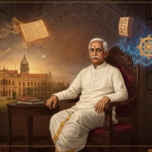 A dignified portrait of young Sarvepalli Radhakrishnan in traditional South Indian attire with a white dhoti and kurta, seated cross-legged on an ornate wooden chair in a study room filled with ancient Indian philosophical texts and Western philosophy books. Behind him, a large intricate mandala design transitions from traditional Madhubani patterns to modern geometric shapes, symbolizing the bridge between Eastern and Western philosophy. To his left, the Madras Christian College building appears in a dreamy, ethereal style with soft golden light. To his right, floating symbols emerge: the Vedas represented by ancient palm leaves with Sanskrit scripts, Oxford University's spires in misty blue hues, and a glowing Ashoka Chakra. The scene is illuminated by warm, diffused lighting creating a scholarly atmosphere. The art style combines hyperrealistic portrait details with surreal, flowing elements in rich colors of deep maroon, royal blue, and burnished gold. Traditional Indian motifs like lotus flowers and peacock feathers frame the composition, while subtle hints of modern digital gradient effects add contemporary sophistication.