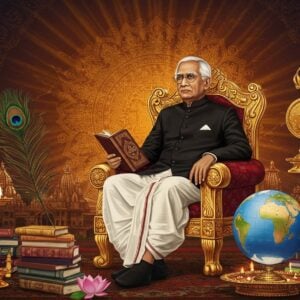 A dignified portrait of Dr. Sarvepalli Radhakrishnan in his signature white dhoti and black achkan, seated in a ornate golden chair against a backdrop featuring a massive, glowing mandala pattern in deep saffron and navy blue. He's holding ancient Sanskrit texts in one hand while his other hand rests on a globe showing India prominently. The Bharat Ratna medal floats ethereally beside him, emanating a divine golden aura. Surrounding him are symbolic elements: a peacock feather quill, stacks of philosophical texts, and floating lotus flowers in pastel pink and white. The scene is framed by intricate Madhubani-style borders featuring educational and philosophical symbols. The lighting is dramatic with warm golden rays streaming from above, creating a halo effect around his distinguished silver hair and scholarly glasses. The art style merges hyperrealistic portrait details with traditional Indian artistic elements, rendered in rich colors of maroon, gold, and peacock blue. Ancient temple architecture forms subtle silhouettes in the background, while modern educational institutions fade into the ethereal landscape.