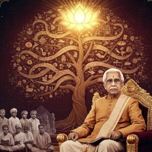 A dignified portrait of Dr. Sarvepalli Radhakrishnan in his signature formal attire with round spectacles and traditional dhoti, seated in a golden ornate chair against a backdrop of a massive, intricately detailed Madhubani-style tree of knowledge. The tree's branches transform into flowing streams of ancient Sanskrit texts and modern educational symbols. In the foreground, multiple translucent layers show Indian students from different eras - from traditional gurukul settings to modern universities, rendered in a gradient from sepia to vibrant contemporary colors. A large, luminous lotus mandala floats above, casting a warm, ethereal glow. The scene features rich jewel tones of deep maroon, royal blue, and gold, with subtle patterns of peacock feathers and geometric designs in the background. Traditional Indian architectural elements frame the composition, with delicate gold filigree work. The lighting is dramatic yet spiritual, with soft rays emanating from behind Radhakrishnan's figure, symbolizing enlightenment and wisdom. The style merges photorealistic details with surreal, magical elements, creating a dreamlike quality while maintaining historical accuracy.