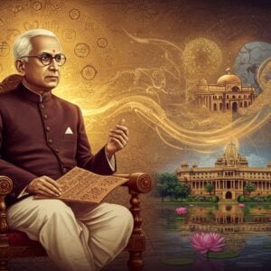 A dignified portrait of Dr. Sarvepalli Radhakrishnan in his signature formal attire with round spectacles, seated in a traditional wooden chair against a backdrop that transitions from ancient Indian manuscripts to modern university buildings. He holds an ancient Sanskrit text in one hand while his other hand gestures towards a floating, ethereal visualization of modern India. The scene is adorned with intricate Madhubani-style borders featuring peacock motifs and educational symbols. A soft golden light emanates from behind him, creating a mandala pattern that morphs into symbols of philosophy, education, and diplomacy. The foreground shows a mystical reflection pool where ancient temple architecture seamlessly blends with contemporary Indian parliament building. Floating lotus flowers in deep blues and saffrons dot the scene, while subtle illustrations of books, scrolls, and graduation caps emerge from golden smoke trails. The art style combines hyperrealistic portrait details with surreal, spiritual elements, using a color palette of deep maroons, navy blues, and burnished golds. The overall composition should be serene yet intellectually stimulating, with a mix of traditional Indian art elements and modern digital aesthetics.