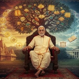 A distinguished elderly Indian man with silver hair and round glasses, wearing a cream-colored dhoti and white kurta, seated in a contemplative pose on an ornate wooden chair. He's surrounded by floating, ethereal manifestations of philosophical concepts - golden Sanskrit verses, intricate mandalas, and swirling Vedantic symbols in deep blues and saffrons. Behind him, a large tree of knowledge with branches forming neural pathway patterns, its leaves made of floating books and scrolls. The scene transitions from traditional Indian temple architecture on one side to modern university buildings on the other, connected by streams of glowing energy. Soft rays of morning light filter through, creating a warm, scholarly atmosphere. The art style combines hyperrealistic portrait details with magical realism, featuring rich jewel tones of maroon, deep blue, and gold. Traditional Madhubani patterns frame the composition, while modern digital elements add depth and dimension. The overall scene emanates wisdom, education, and the bridge between Eastern and Western philosophy.