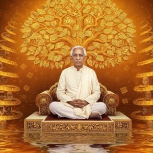 A dignified portrait of Dr. Sarvepalli Radhakrishnan in his signature white dhoti and kurta, seated in padmasana on an ornate marble platform, surrounded by ethereal, glowing ancient Sanskrit texts floating in spirals around him. His distinguished features, grey hair, and round spectacles are rendered in photorealistic detail. Behind him rises a massive golden tree of knowledge, its branches forming intricate mandalas and philosophical symbols. The tree's leaves are made of shimmering pages from books. At his feet, a realistic reflection pool shows rippling images of the Vedas, Upanishads, and modern philosophical texts. The scene is illuminated by soft, divine light in shades of saffron and gold. Multiple translucent layers show his transformation from a teacher to philosopher to president, each layer adorned with Madhubani-style borders. The background features subtle representations of both Eastern and Western philosophical concepts through geometric patterns and motifs. Art style combines hyperrealistic digital painting with traditional Indian art elements, creating a serene yet powerful composition that bridges ancient wisdom with modern thought.