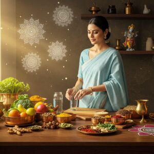 A serene kitchen scene with warm golden morning light streaming through a window, featuring an elegant Indian woman in a pastel blue cotton saree preparing food at a wooden counter. The counter displays a harmonious arrangement of fresh Sattvic ingredients: vibrant fruits, organic vegetables, whole grains, and aromatic herbs in copper and brass vessels. Floating ethereal mandalas in soft white light hover above the ingredients, symbolizing purity. A decorative lotus-pattern rangoli made with natural colors adorns the corner. Traditional brass spice boxes with turmeric, cardamom, and saffron create leading lines. Crystal-clear water flows from a copper vessel into a glass, creating a magical shimmer. The scene includes subtle spiritual elements like a small Krishna idol on a shelf and incense smoke forming delicate swirls. The color palette focuses on pure, natural tones - emerald greens, golden yellows, earthy browns, and pristine whites. The art style combines traditional Madhubani patterns in the background with modern digital painting techniques, creating a contemporary yet culturally rich aesthetic. Soft bokeh effects and gentle light rays enhance the spiritual atmosphere.