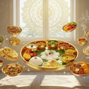 A serene kitchen scene with sunlight streaming through a large window, illuminating a traditional Indian brass thali floating in ethereal golden light. The thali contains perfectly arranged Sattvic foods: white rice formed in a lotus pattern, yellow dal garnished with fresh curry leaves, steamed vegetables in vibrant colors, fresh fruits, and honey in a copper vessel. A soft glowing mandala pattern radiates behind the thali. Around the central thali, smaller floating elements showcase key Sattvic ingredients: fresh green mung beans, aromatic ghee in a silver container, whole grains, and seasonal fruits. The scene incorporates modern minimalist design with traditional Indian elements, featuring a color palette of soft whites, warm golds, and fresh greens. Delicate wisps of sacred smoke from temple incense create geometric patterns in the air. Crystal-clear water droplets suspend in mid-air, catching light and creating rainbow prisms. The background features subtle yoga symbols and sacred geometry patterns rendered in metallic gold. Realistic 8K, volumetric lighting, cinematic composition, depth of field, photorealistic texturing, architectural visualization quality --ar 16:9