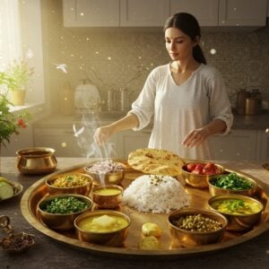 A serene kitchen scene with warm golden morning light streaming through a window, showcasing an elaborate Indian thali arrangement on a traditional brass plate. The plate features perfectly arranged sattvic foods: fresh green vegetables, yellow dal, brown rice, ghee in a small copper bowl, sprouted mung beans, fresh fruits, and honey. A peaceful-looking Indian woman in contemporary white cotton attire tends to the food, surrounded by a subtle aura of golden light. The background features modern kitchen elements blended with traditional Indian designs, including mandala patterns on the wall tiles. Floating above the scene are ethereal, glowing lotus flowers in soft pastels. Fresh herbs like tulsi and mint create a garden-like border. The lighting is soft and diffused, creating a divine, pure atmosphere. The color palette focuses on pure, natural tones - greens, yellows, and earthy browns, with touches of gold. Small details include steam rising from the food creating mystical patterns, and subtle symbols of purity like white doves and water droplets. The art style combines hyperrealistic food photography with spiritual Indian art elements, creating a modern yet timeless feel.