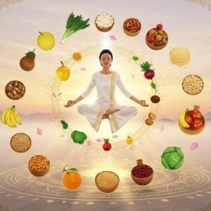 A serene Indian woman in lotus pose, wearing flowing white yoga attire with gold trim, levitating above a circular mandala platform. Around her, ethereal representations of Sattvic foods arrange themselves in a spiral pattern - fresh fruits, organic vegetables, whole grains, and nuts, each emitting a subtle golden glow. The background features a misty sunrise in soft pastel pinks and blues, with intricate Madhubani-style patterns floating in the air. Sacred geometry patterns in gold interweave throughout the scene. The woman's face exhibits perfect peace, with a small smile and closed eyes, while a soft aura of white and gold light surrounds her. Floating lotus flowers in pastel pink and white drift around her. Traditional Indian design elements like peacock feathers and paisley patterns subtly decorate the edges of the scene. The lighting is warm and ethereal, creating a dreamy, spiritual atmosphere. The composition should balance traditional Indian art elements with modern digital art techniques, maintaining a clean, contemporary feel while incorporating spiritual symbolism.