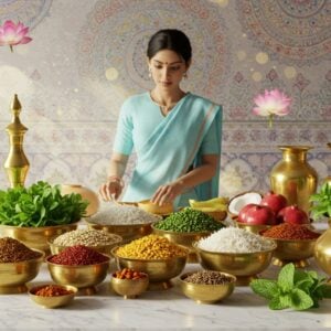 A serene Indian kitchen scene bathed in soft morning sunlight, featuring a pristine white marble counter adorned with vibrant, fresh Sattvic ingredients arranged in golden brass vessels. The focal point shows colorful organic produce: emerald green leafy vegetables, golden yellow split mung dal, pearly white basmati rice, ruby-red pomegranates, and fresh coconuts. A young Indian woman in a pastel blue cotton saree is mindfully preparing food, surrounded by a subtle golden aura. The background features traditional Madhubani-style painted walls with intricate mandala patterns in soft pastels. Floating ethereal lotus flowers and subtle light orbs add a spiritual dimension. Several brass spice containers contain turmeric, cumin, and coriander, creating small mountains of colorful spices. A traditional copper water vessel sits nearby with fresh mint leaves. The overall composition emphasizes cleanliness, purity, and balance through soft lighting, warm golden accents, and a harmonious color palette of whites, greens, and earth tones. Photorealistic render with subtle Indian artistic elements, emphasizing freshness and wholesomeness.