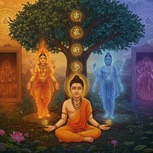 A young Indian boy with humble clothing and serene expression sits cross-legged under a sacred banyan tree, surrounded by four glowing ethereal figures representing his gurus - fire (depicted as a brilliant orange flame spirit), air (shown as a swirling translucent form), sun (manifested as a golden orb with rays), and earth (portrayed as a nurturing mother figure in earthy browns). Sanskrit symbols float gracefully in a spiral pattern around them. The scene is rendered in a fusion of traditional Madhubani art style with modern digital aesthetics, featuring rich jewel tones of saffron, deep blue, and burgundy. In the background, multiple ethereal doorways show the same scene being reflected in different cultural artistic styles - Persian miniature, Japanese ink wash, and contemporary minimal. A soft golden light bathes the entire scene, with delicate lotus flowers and peacock feathers framing the composition. The boy's mother Jabala stands proudly in the distance, rendered in a glowing aura of truth and dignity. Intricate mandalas float in the sky, each containing symbols of different world languages.