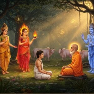 A serene forest clearing at dawn, where a young Satyakama Jabala in simple white dhoti sits in padmasana before his guru Gautama Haridrumata, who wears saffron robes and radiates divine wisdom. The scene is illuminated by ethereal golden light filtering through ancient banyan trees. Four mystical elements personified - Earth, Fire, Air, and Water - appear as semi-transparent, glowing Indian figures in traditional Vedic attire, each teaching Satyakama a portion of Brahman knowledge. A herd of sacred cows, representing his first teachers, graze peacefully in the background. The art style combines Madhubani's intricate patterns with modern digital art techniques, featuring rich deep colors like saffron, maroon, and peacock blue. Mandala patterns float in the air, with sacred threads and Om symbols woven throughout. The overall composition emphasizes the guru-shishya tradition with a mystical, surreal quality, enhanced by soft particle effects and glowing auras.