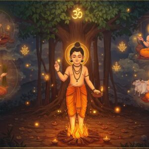 A young Indian boy in simple earth-toned dhoti, radiating inner light, standing beneath a sacred banyan tree with golden rays filtering through its leaves. His face shows determination and pure innocence. He tends to sacred fire (agni) in the foreground, with intricate Madhubani-style patterns of flames in saffron and gold. The background shows multiple ethereal scenes in soft, dreamy vignettes: his mother Jabala in humble attire speaking truth, him gathering firewood in the guru's ashram, and him meditating among cows. Floating sacred geometric mandalas in peacock blue and gold frame these scenes. The artwork style merges traditional Pattachitra art with modern digital aesthetics, featuring rich textures and glowing elements. Fireflies and small orbs of divine light surround the main figure. A subtle om symbol appears in the moon above. The overall color palette includes deep earth tones, soft blues, and luminous golds, creating a serene yet powerful atmosphere. The composition draws attention to the central figure while telling a complete visual story through the surrounding elements.