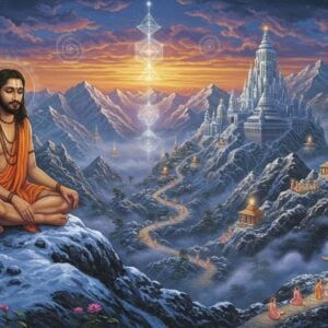 A mystical scene depicting Mahavatar Babaji in his immortal youthful form, seated in padmasana on a snow-covered Himalayan peak at dawn. He has long dark hair, bright compassionate eyes, and wears a simple white dhoti. His body emanates a soft golden aura. In the background, a grand temple structure blends traditional Indian architecture with ethereal elements, featuring crystal-like spires and floating geometric mandalas. The foreground shows a winding path through mist-covered mountains, decorated with blooming lotus flowers that glow with divine light. Multiple small ashrams are nestled in the valleys, connected by bridges of golden light. The scene is illuminated by both moonlight and sunrise, creating a surreal atmosphere with shades of deep blue, violet, and gold. Intricate Madhubani-style patterns appear in the clouds and mountain ridges. Small groups of spiritual seekers in meditation can be seen approaching the various ashrams. The overall composition suggests both physical and spiritual journey, with swirling energy patterns and subtle sacred geometries integrated throughout the landscape.